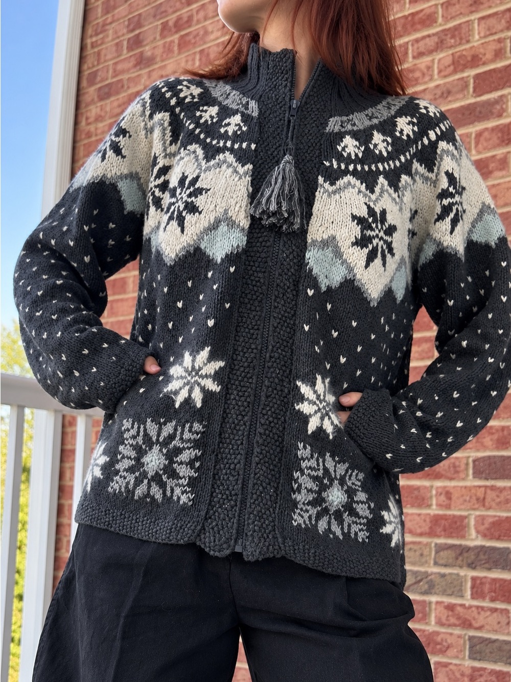 Vintage Marsh Landing Hand Knits Nordic Fair Isle Snowflake Zip Cardigan Sweater